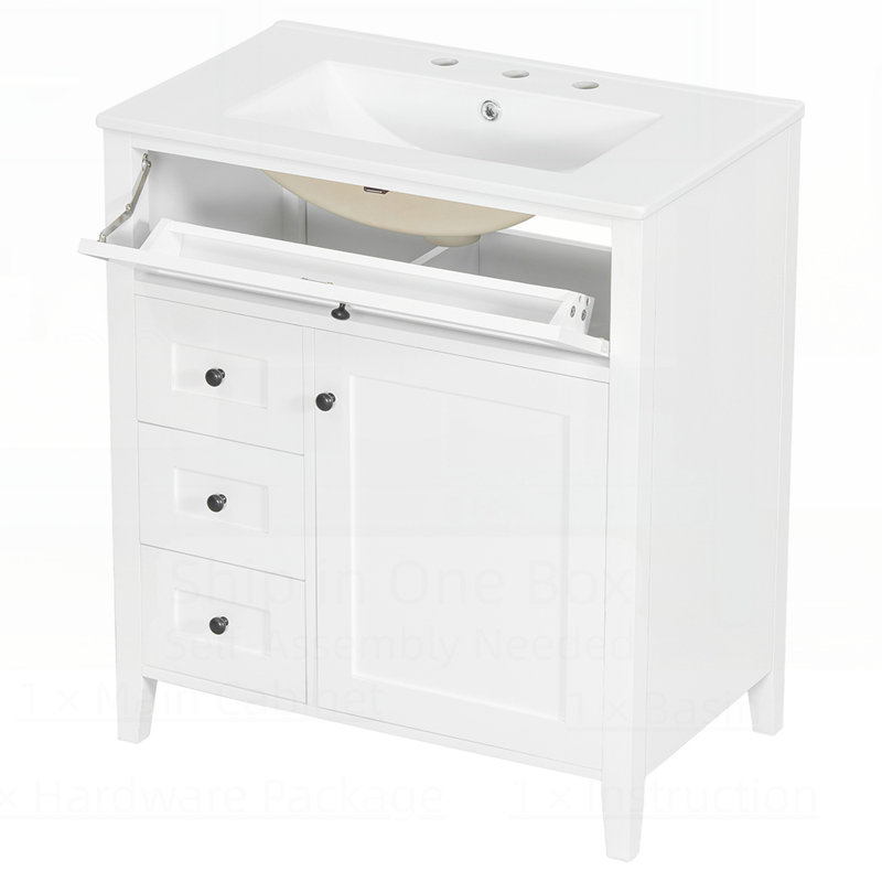 Meuble-lavabo moderne avec lavabo, panneau de fibres à densité moyenne et bois d'hévéa, 3 tiroirs, tablette réglable pour le rangement et l'organisation