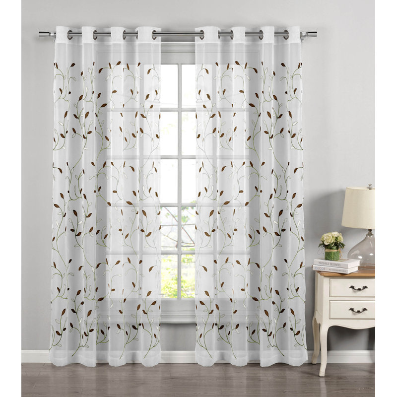 Ajay Floral Embroidered Sheer Grommet Single Curtain Panel, Sage, 54" W x 63" L
