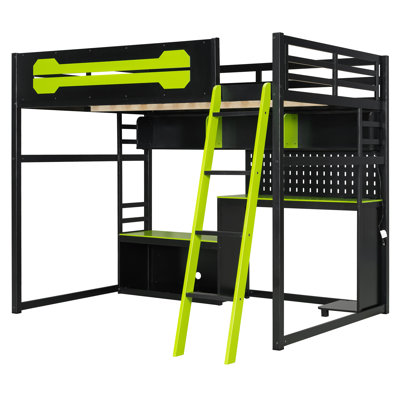Full Size Loft Bed With Computer Desk, Storage Bookcase Shleves And Lights, Power Outlets by Ivy Bronx