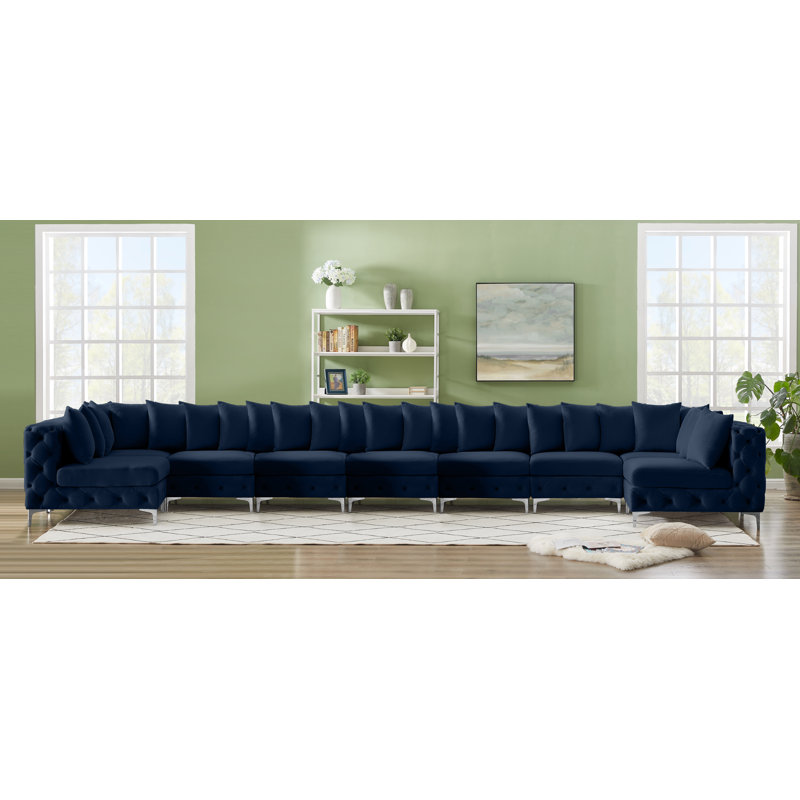 Canapé modulaire réversible en velours de 228 po de largeur, Velours bleu marine