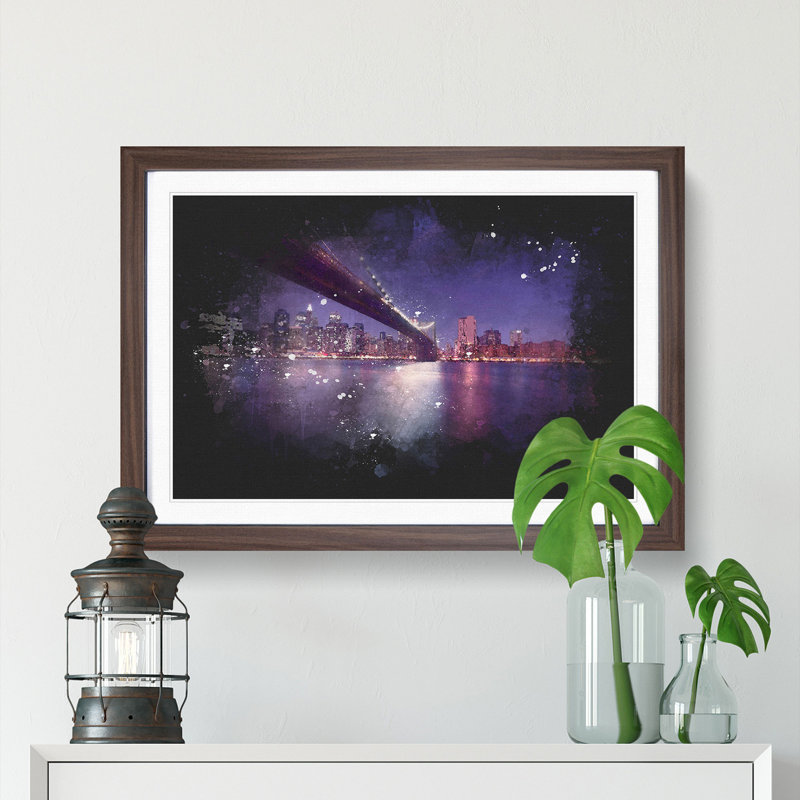 Brooklyn Bridge in New York City - Picture Frame Painting Print, 45cm H x 63cm W x 2cm D, Walnut Framed