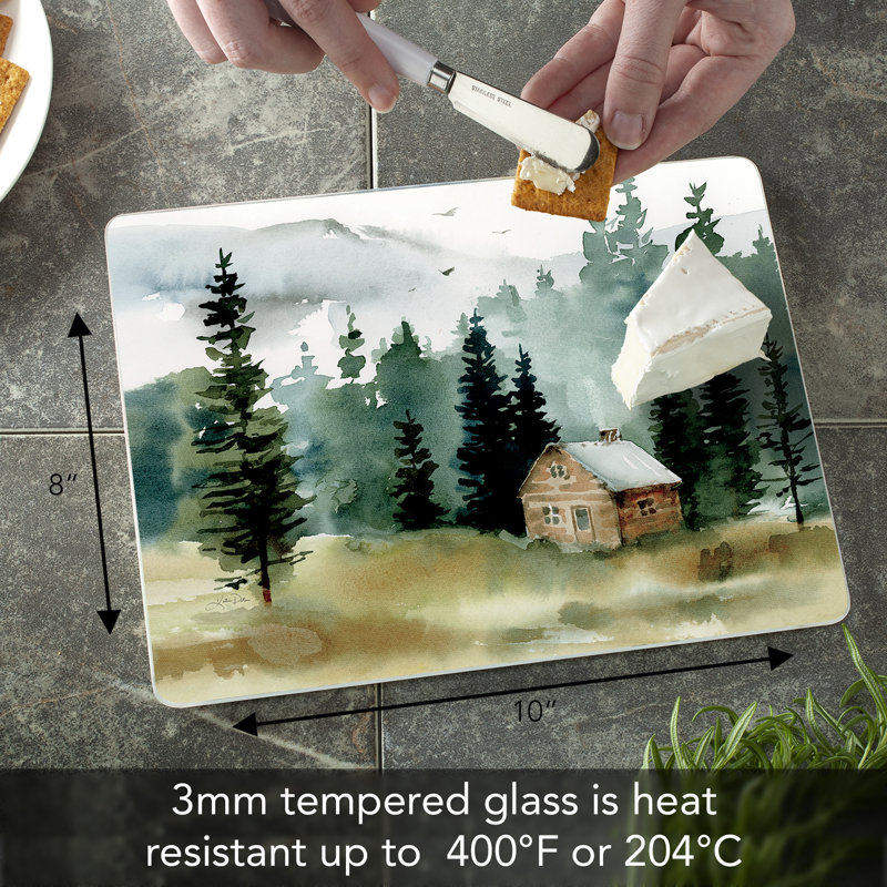 Rustic Cabin Scene Tempered Glass Cutting Board 10" x 8"