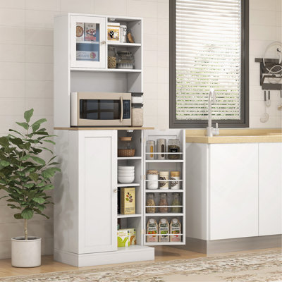 Cabinet 66. 5" Pantry With Microwave Stand, Freestanding Kitchen Storage Cabinet With Hutch, 8-Door Shelves, Adjustable Shelves, Food Pantry Cabinet For Dining Room, White
