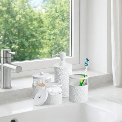  Ensemble d'accessoires de salle de bain blanc, 4 pièces, décor pour salle de bain - Distributeur de savon / Distributeur de lotion, Porte-brosse à dents, 2 pots d'apothicaire en verre (porte-gobelet)