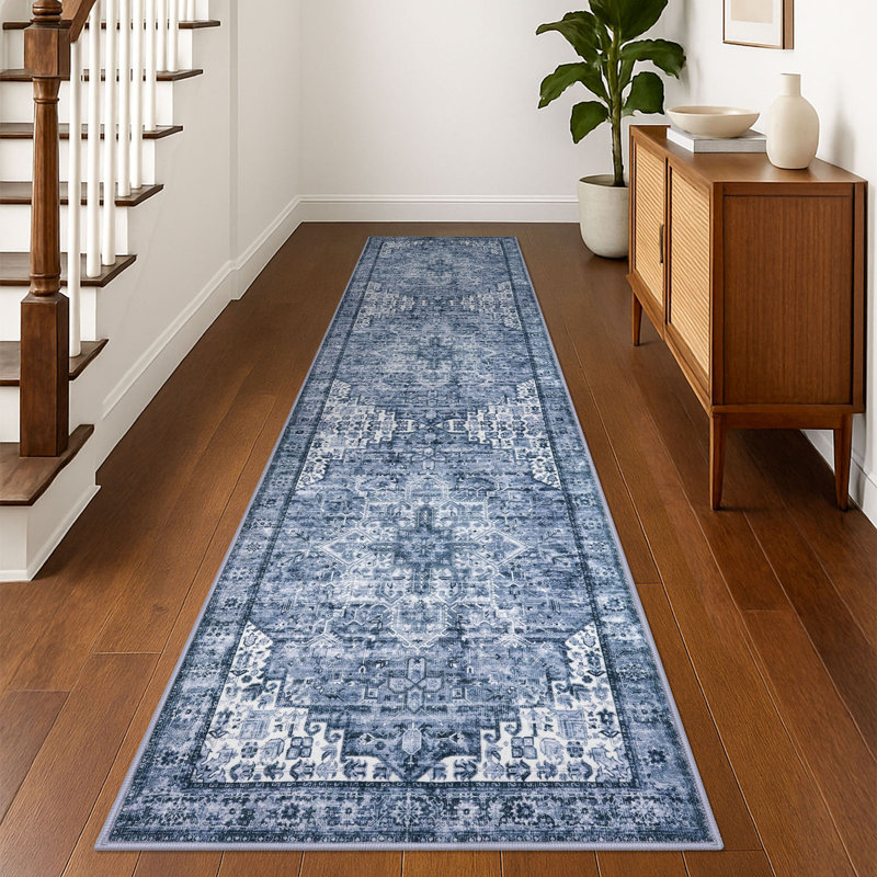 Tapis doux à imprimé médaillon avec envers antidérapant Tapis de salon bleu, Tapis de couloir 2 pi x 8 pi