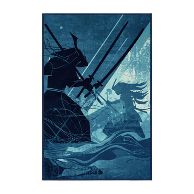 Soft Plush Athanas Duel Scene Modern & Contemporary Abstract Area Rug in Blue – Navy Binding
