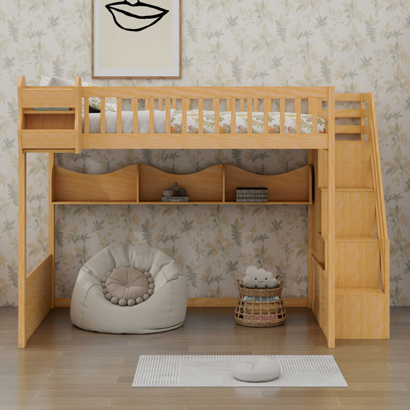 Lit mezzanine en bois avec escalier et garde-robe, tablettes de rangement et espace sous le lit, Naturel