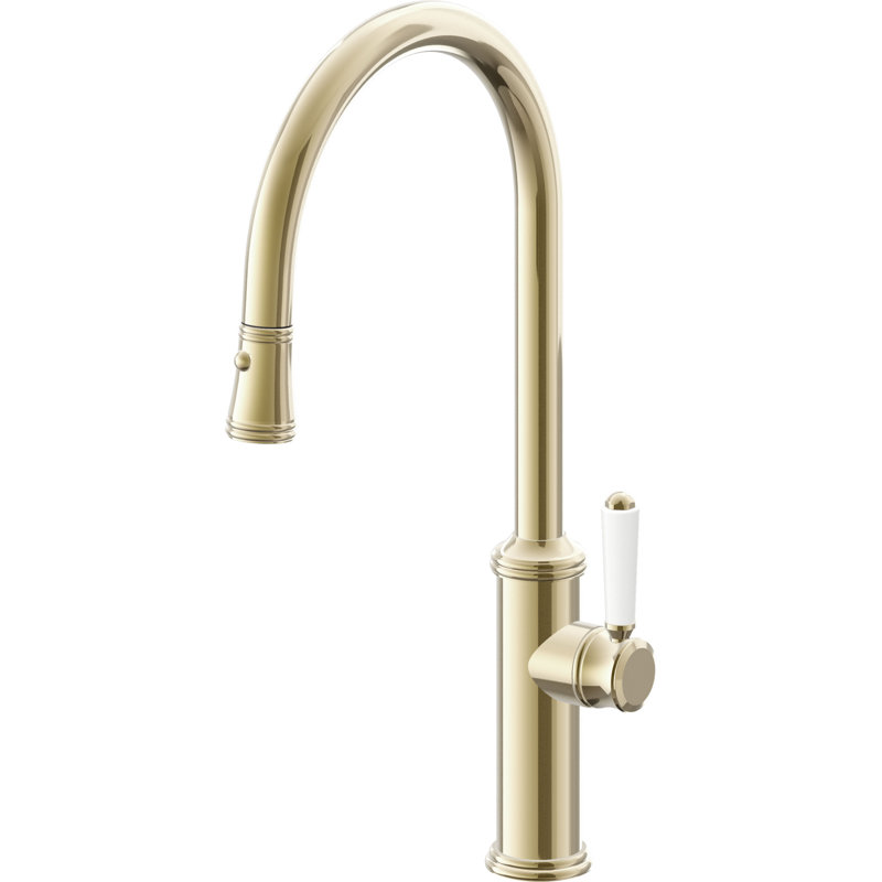 Davoli Pull-Down Kitchen Faucet with Button Sprayer - High Arc Spout, Polished Brass