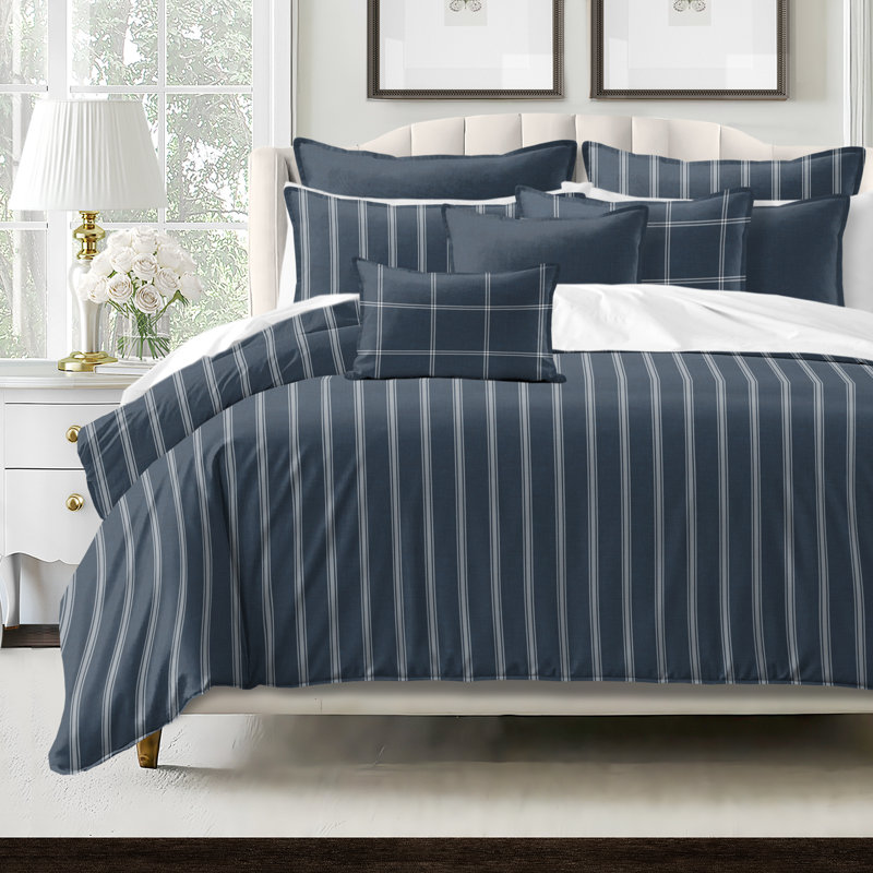 Shay Broad Ticking Stripe Dark Denim Cotton Comforter Set  8 Piece, Queen Comforter + 7 Additional Pieces