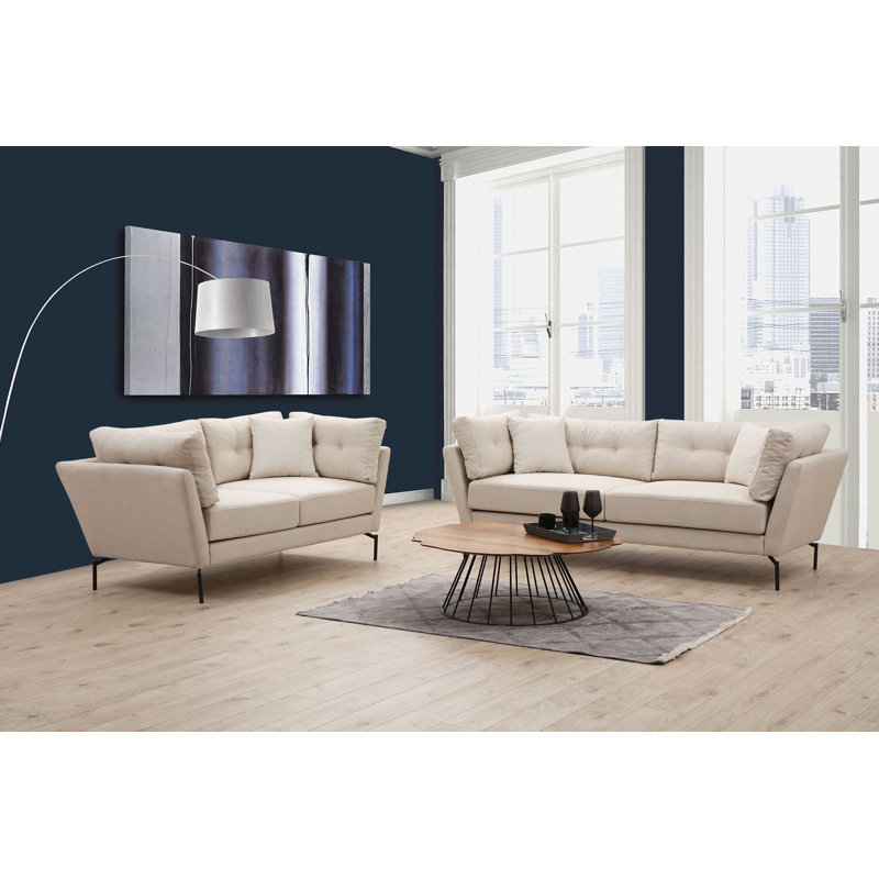 Élégant canapé 3 places crème, 84 x 35,4 x 33,1 pouces | Structure en bois de hêtre et en carton, tissu 100% polyester | Coussins en mousse et plumes gris doux, comprend 2 coussins (18 x 18 pouces) | Design scandinave moderne avec pieds en métal noir mat durable
