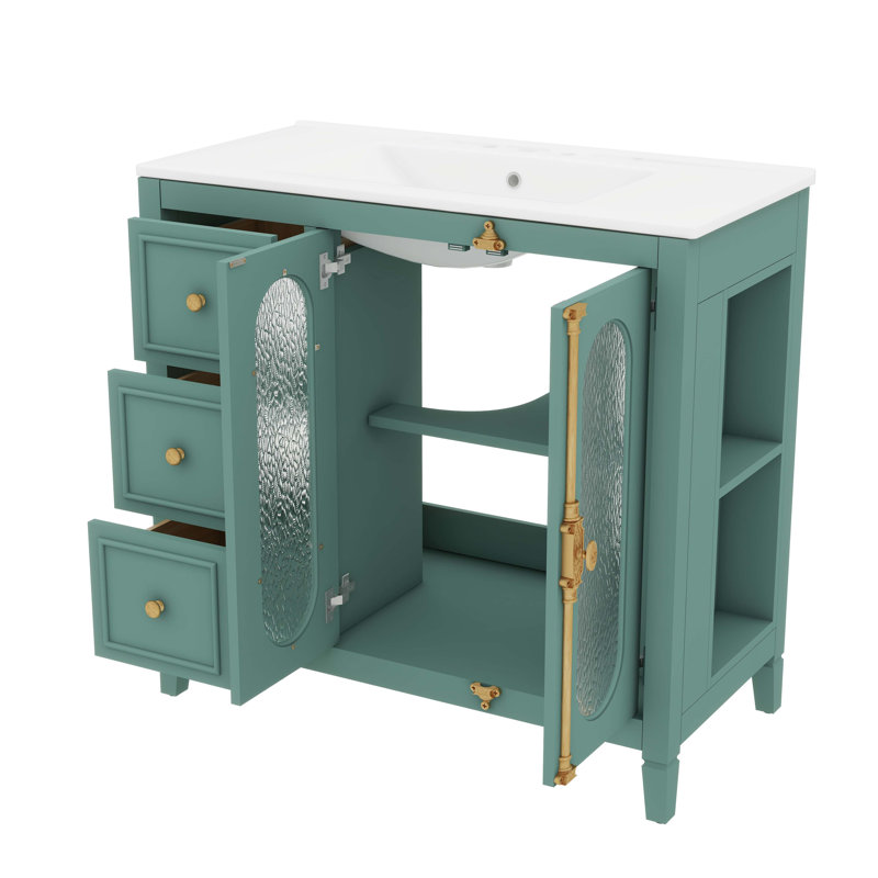 Meuble-lavabo de 36 pouces avec lavabo en céramique, armoire de rangement de salle de bain avec 3 tiroirs, 2 portes et 2 tablettes latérales ouvertes, style rétro