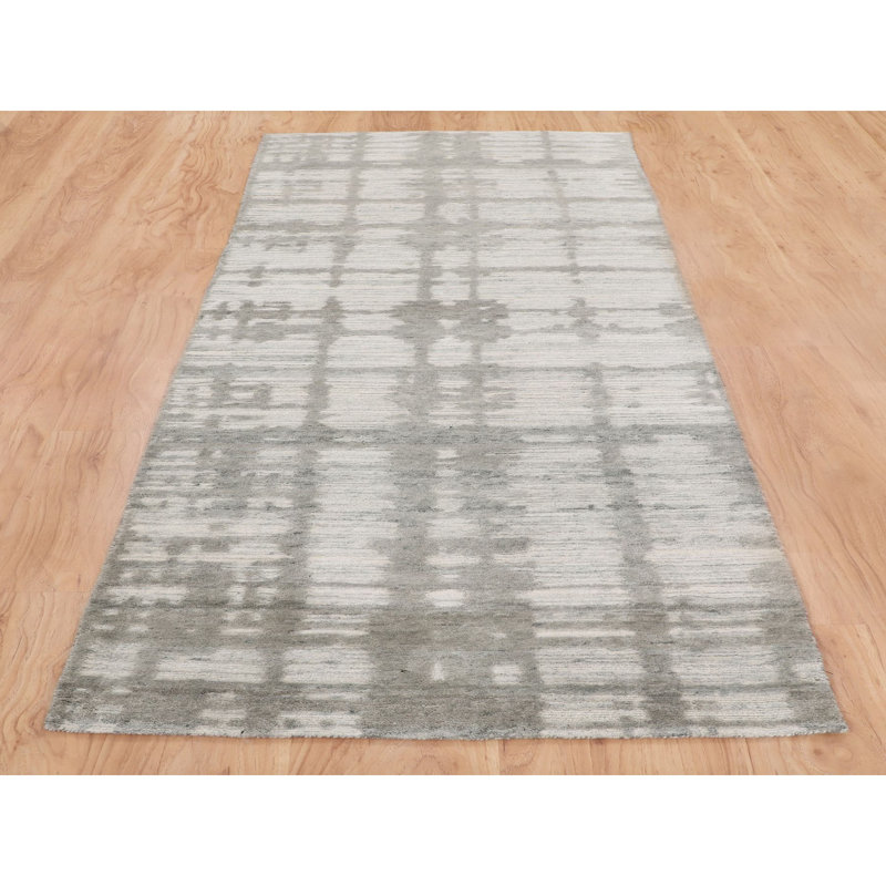 Tapis de noué à la main gris en laine de conception unique 2 pi 6 po x 8 pi Tapis décoratif