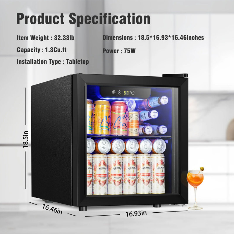55-Can Beverage Refrigerator & Cooler With Double Glass Door, Touch Control Buttons, For Home/Office/Bar