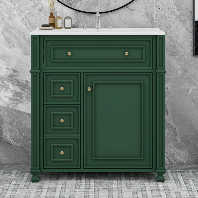 Meuble-lavabo de 30 pouces avec lavabo en céramique, 2 tiroirs et un tiroir basculant, Vert/doré