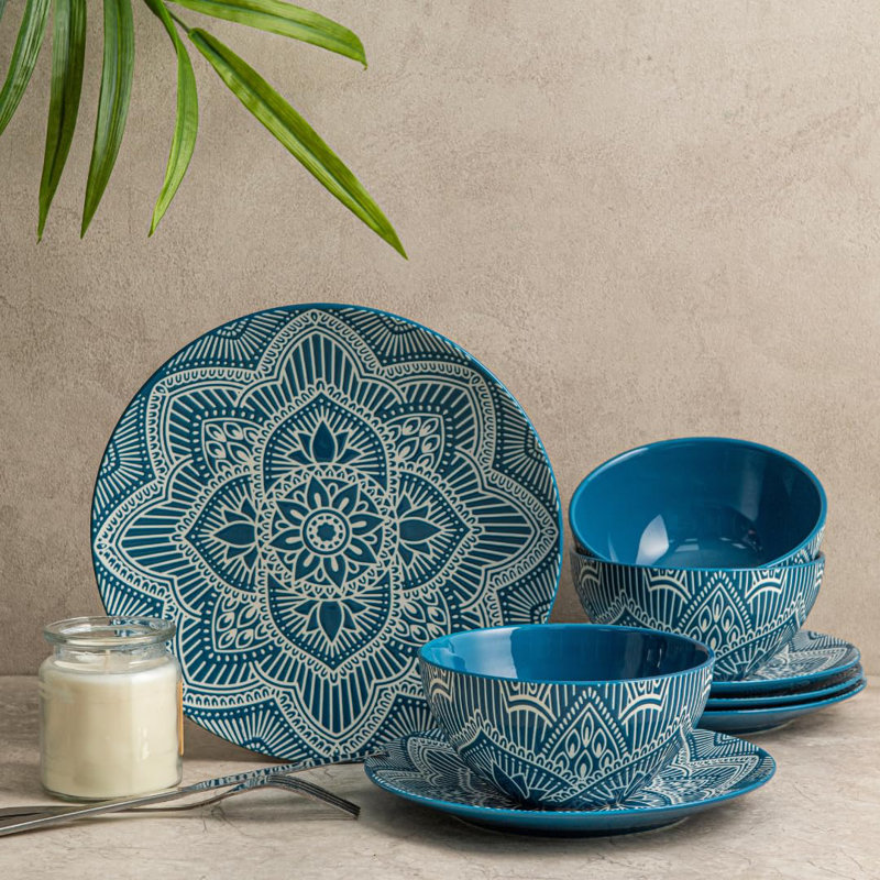 12-Piece Blue Floral Ceramic Dinnerware Set for 4