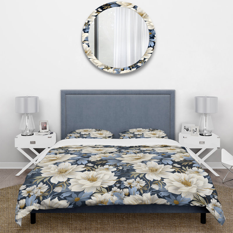 Motif floral bleu rétro - ensemble de housse de couette floral - microfibre de polyester