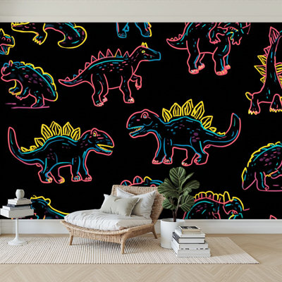 Peel and Stick Wallpaper 144" W x 100" H Modern Self Adhesive Wall Mural for Bedroom Dinosaurs Seamless Cartoon Dinosaurs Kids Seamless Repeat Design Dinos