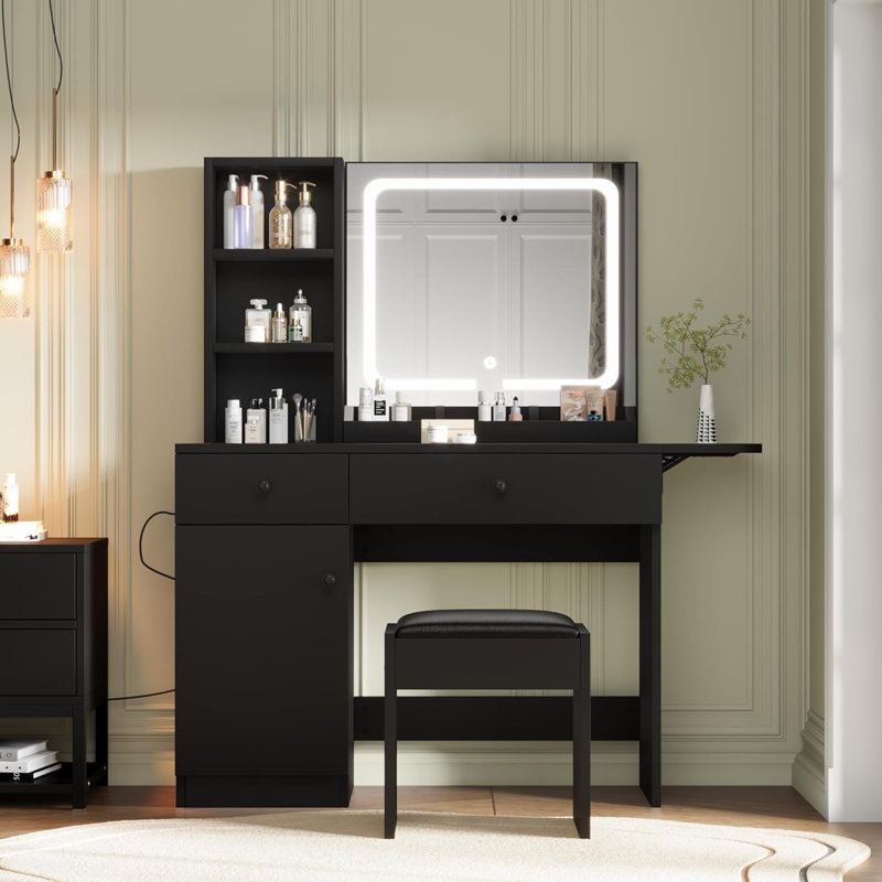 Bureau de coiffeuse Damietta avec miroir lumineux à DEL et prise de courant, table de maquillage avec tiroirs et armoire, tabouret de rangement, coiffeuse pour chambre à coucher