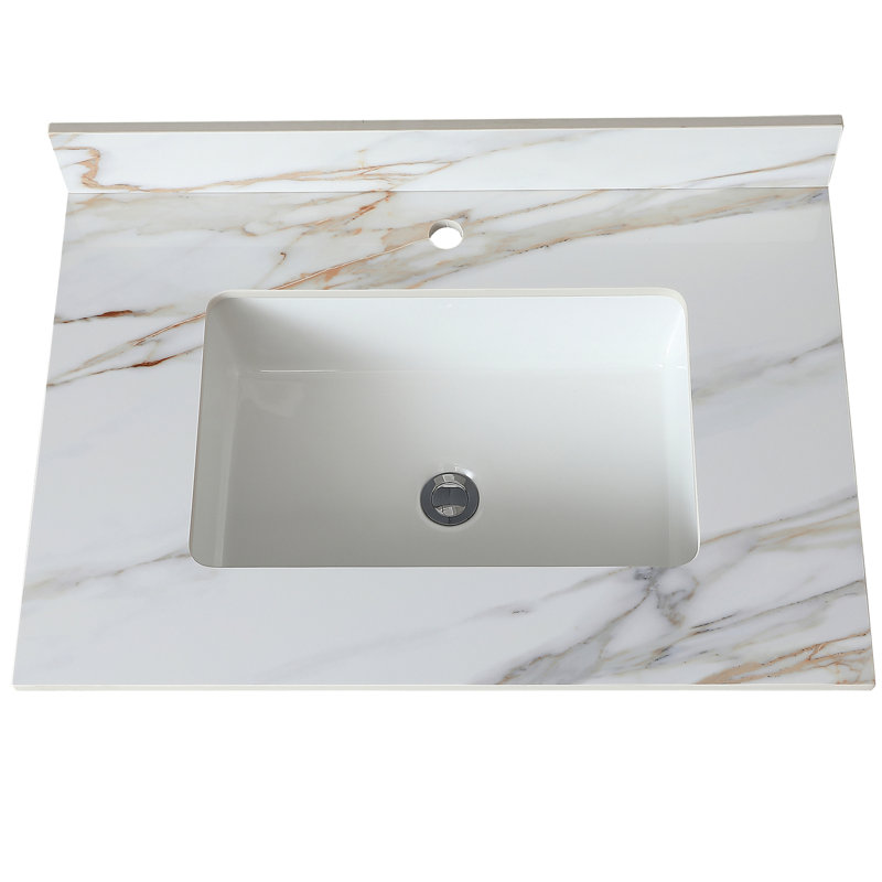 Comptoir de meuble-lavabo de salle de bain - marbre blanc de 31 pouces, dosseret de 4 po de hauteur, protection contre les dégâts d'eau, évier rectangulaire en pierre frittée de 31 po, prévention de l'absorption, trou de robinet pré-percé, fabrication