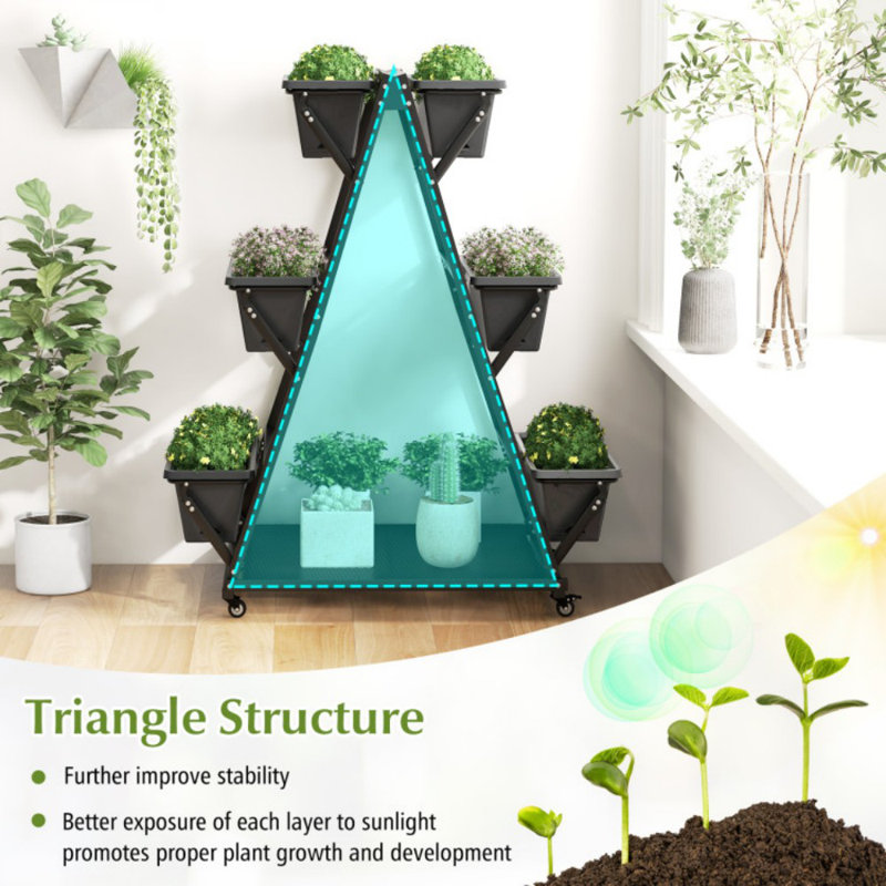 Black 3-Tier Vertical Raised Garden Bed with Wheels and Planter Boxes