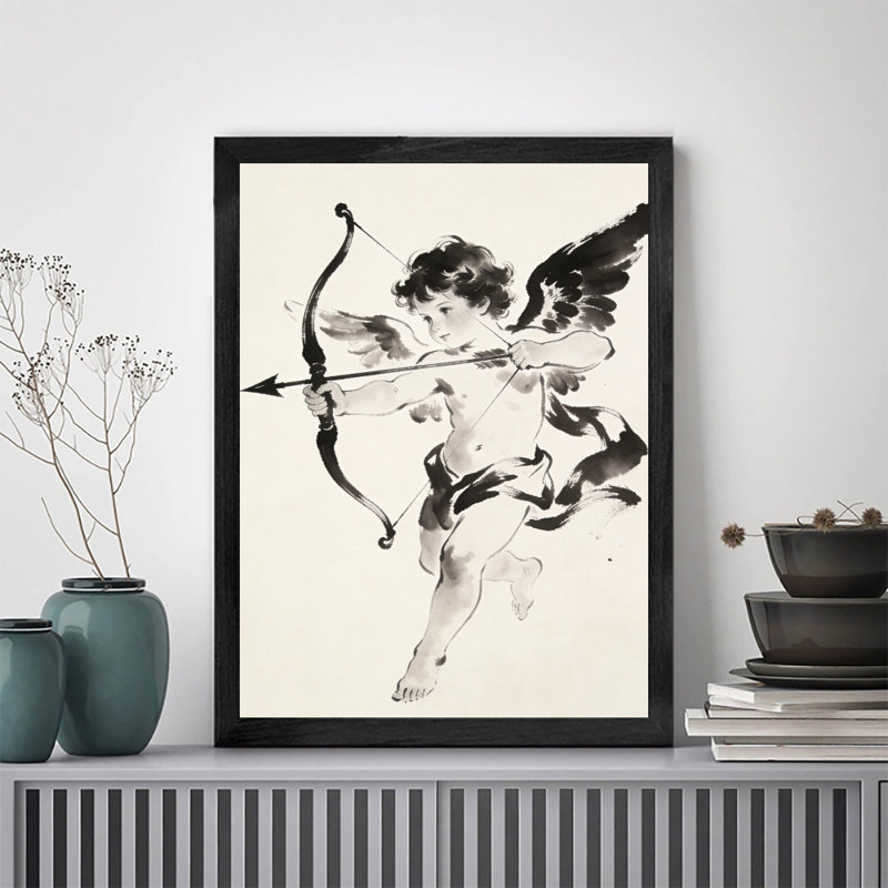 Reproduction d'art encadrée noire "Cupidon tenant un arc et une flèche", impression sur le thème de la Saint-Valentin