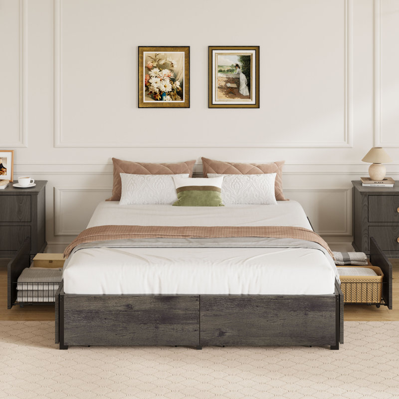 Grand lit plateforme avec rangement et pied de lit et 4 tiroirs sous le lit, gris, Grand, Gris