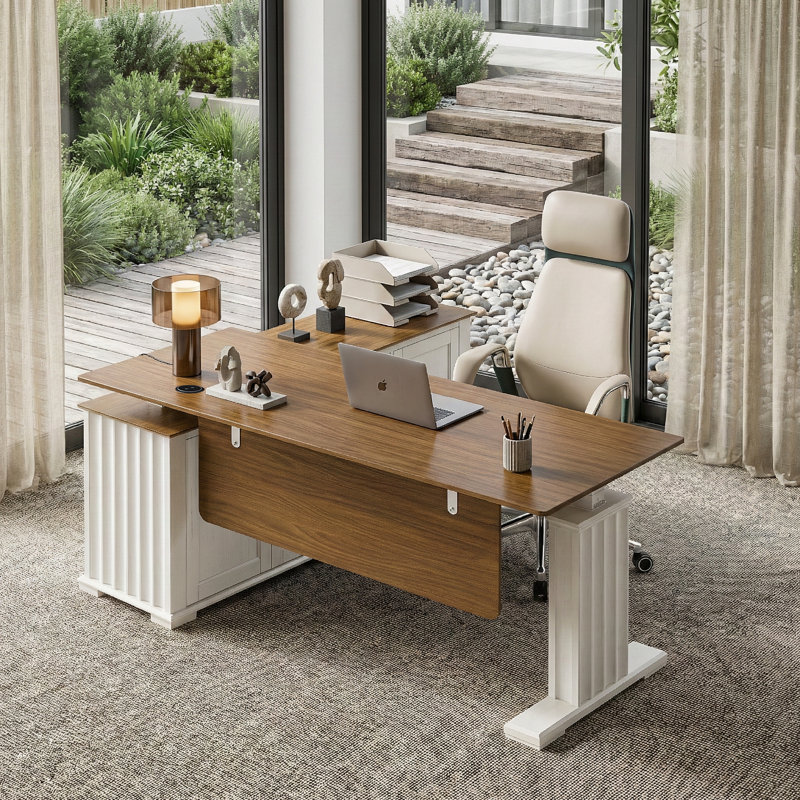 Ashantey 60" L-Shaped Executive Electric Standing Desk with Fluted Roman Legs, Privacy Modesty Panel and Wire, Walnut