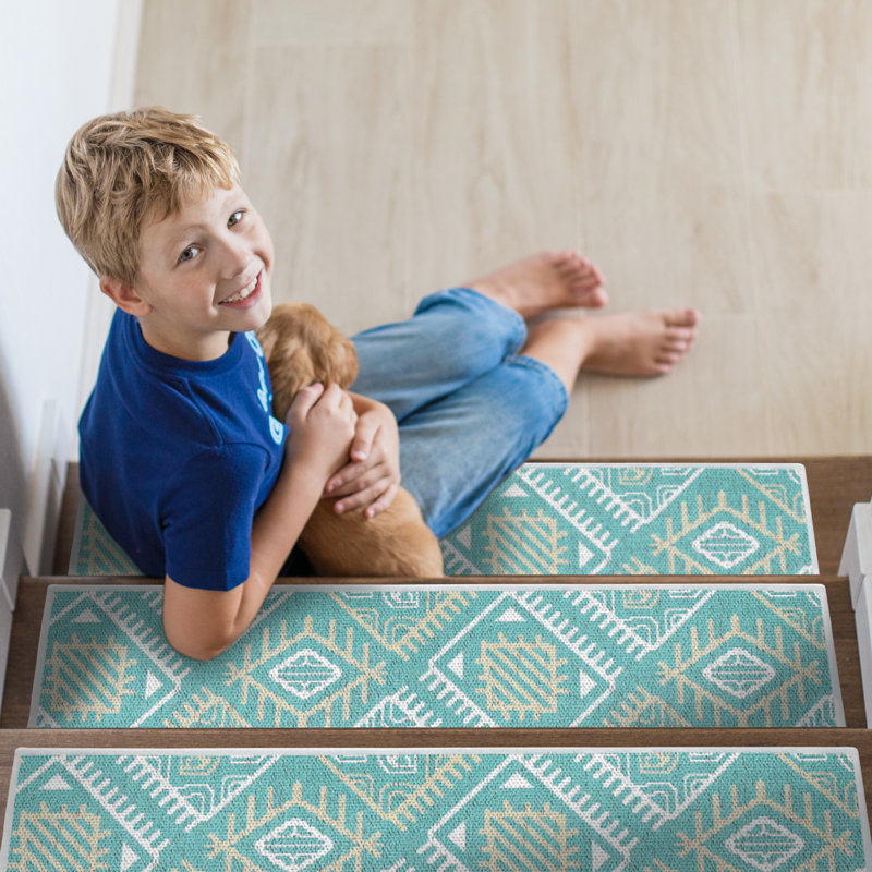 Tapis d'escalier intérieur antidérapant Groenlo, Bleu sarcelle clair