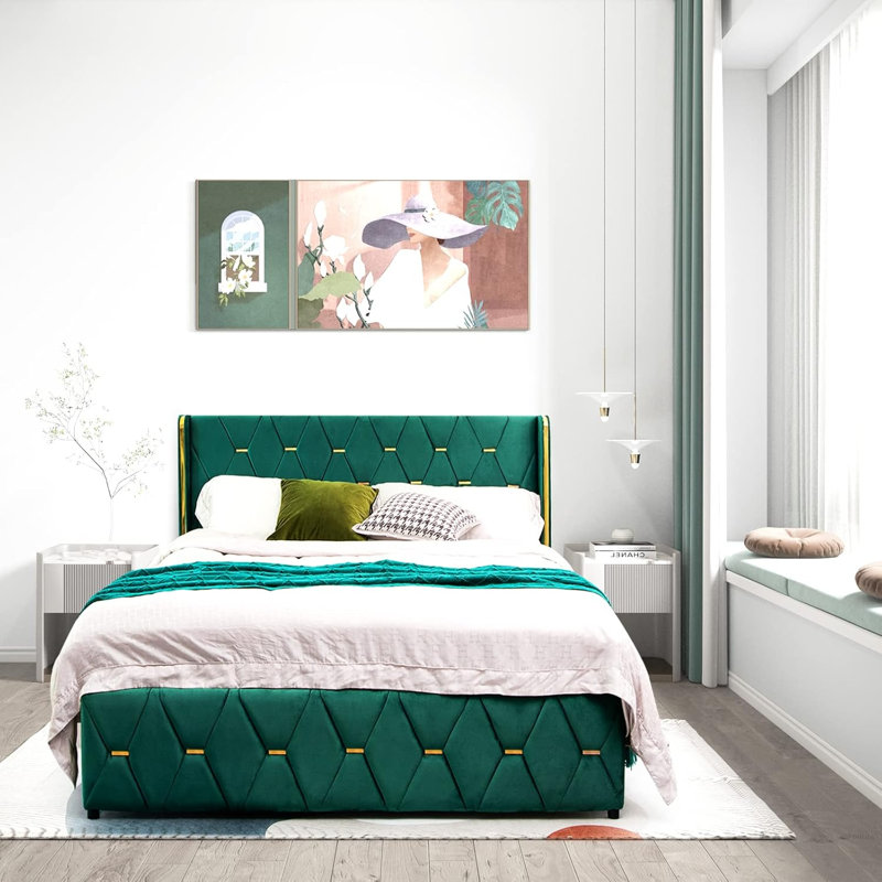 Lit double tapissier vert avec tête de lit réglable