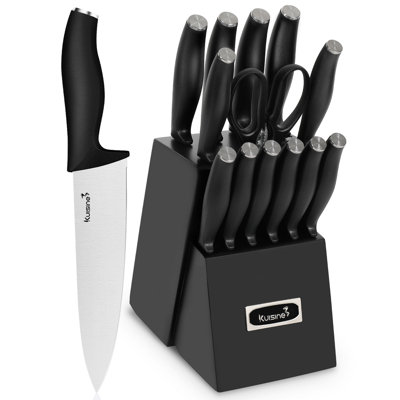 Ensemble de blocs de couteaux noirs 15 pièces, ensemble de couteaux de chef en PP, lame en acier à haute teneur en carbone, porte-couteaux à aiguiser intégré, couteaux de cuisine et ciseaux