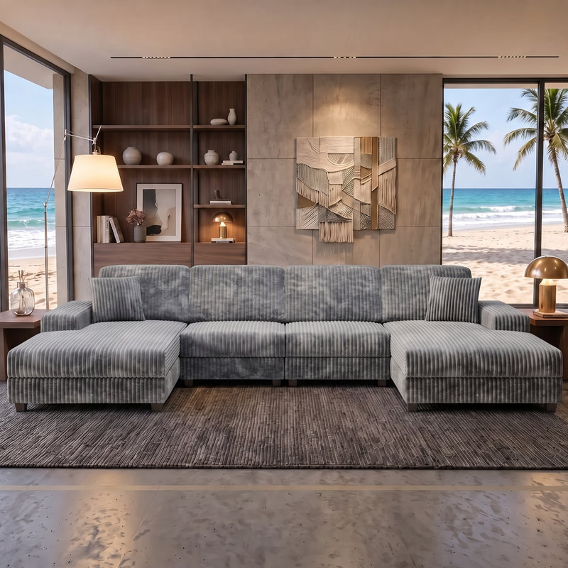 137" U-shaped Modular Sectional Sofa 4 Pieces Oversized Corduroy Comfy Couch With 2 Side Storage Shelves & Chaise Sets