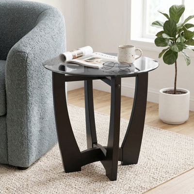 Allaga 23.5" Round Glass Coffee Table with Black Wood Base for Living Room & Office