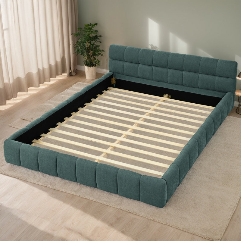 Cadre de lit tapissier, Bleu vert, Grand lit