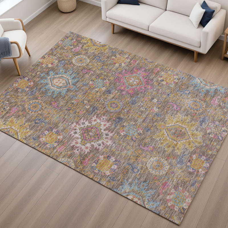 Premium Machine Washable Mayfield AMF2151 medallions Rug, Mocha, Rectangle 3' x 5'