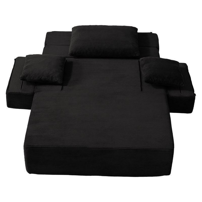 Chaise longue en velours côtelé luxueux avec 3 coussins, canapé-lit convertible avec poche de rangement, conception sans cadre et mousse de compression pour les petits espaces