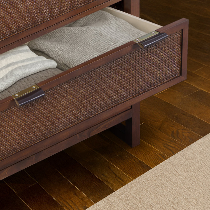 Ameer 6-Drawer Double Dresser with Rattan Inlay Fronts and Faux Leather Pulls, Solid Wood Frame, Natural Modern Boho Storage