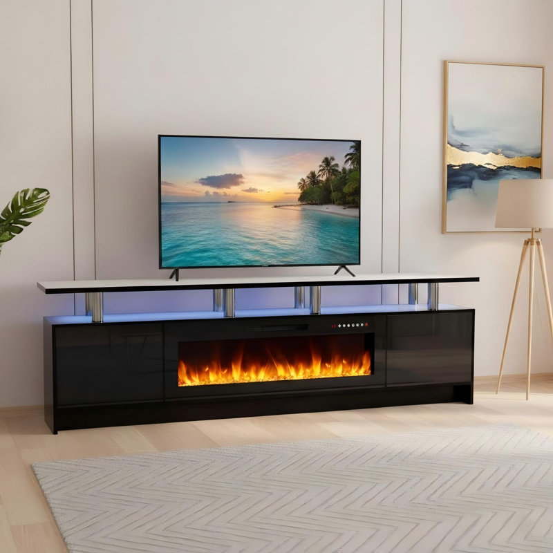 Modern TV Stand with 42" Electric Fireplace, LED Lighting, Storage Cabinets & Charging Ports, Fits up to 90" TVs, Black