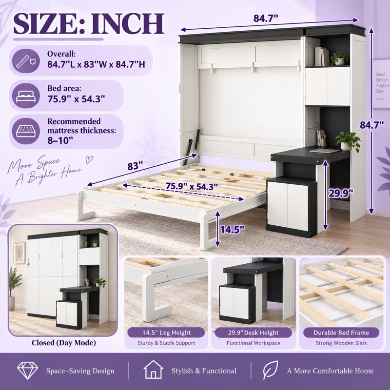 Lit escamotable Deskvora (taille standard) avec bureau intégré, étagères et placards de rangement réversibles, blanc, gain de place, structure en bois massif et MDF, sommier à lattes en pin.