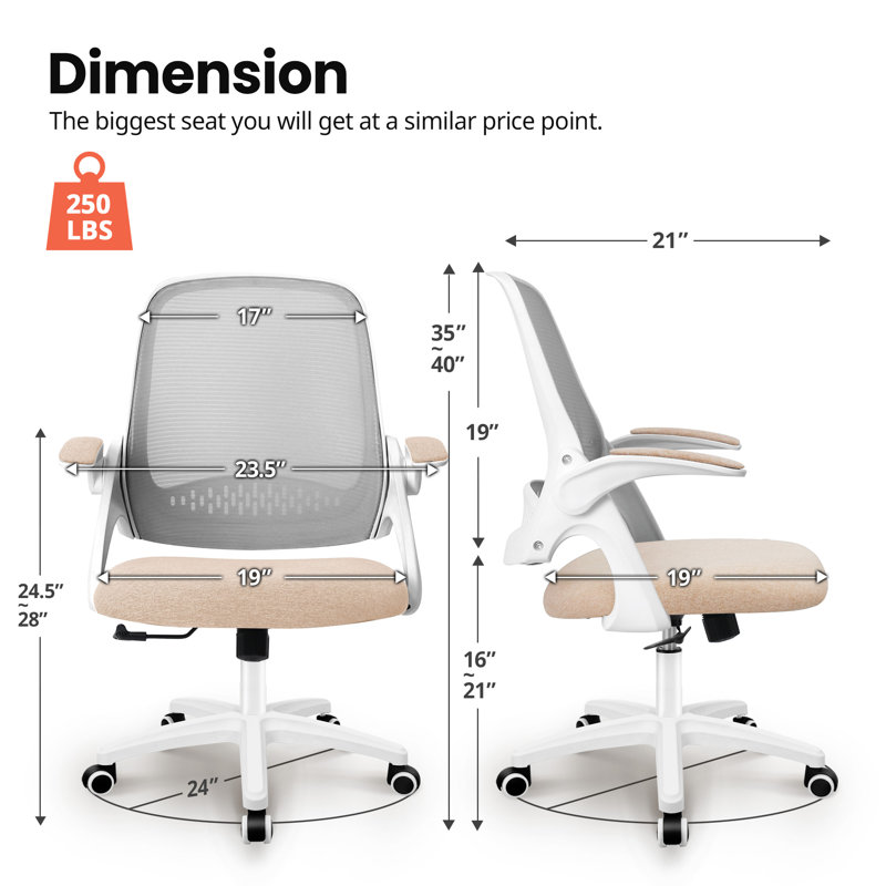  Nahjee Space-Saving Ergonomic Home Office Chair Task Chair with Flip-Up Armrests, Beige, Plastic