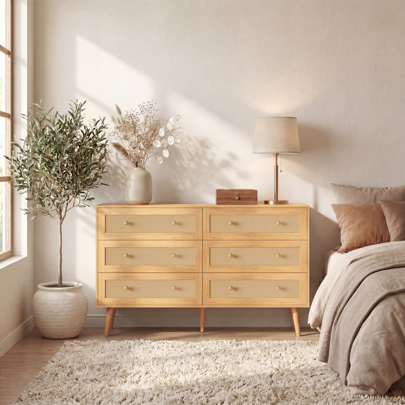 Augustina Rattan 6 Drawer Dresser for Bedroom, 47.3'' Wide Boho Double Dresser, Storage Dresser & Chest with Wooden Knobs