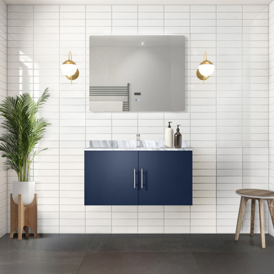 Meuble-lavabo bleu marine en marbre et 36 po Miroir à DEL - finition grattée, compartiment de tiroir spacieux avec rangement supérieur, fermeture en douceur, teinture grattée