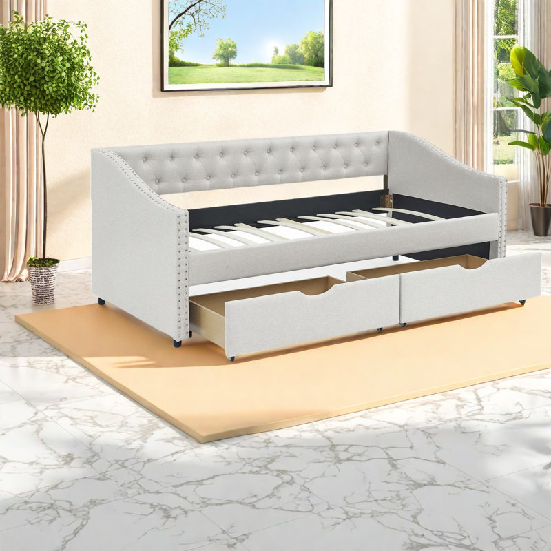 Elegant Twin Daybed With Storage, Linen Upholstery, Modern Style For Home