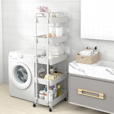 5-Tier Plastic Rolling Utility Cart with Handle, Multi-Functional Storage Trolley, Living Room, Kitchen, Movable Storage Organizer with Wheels