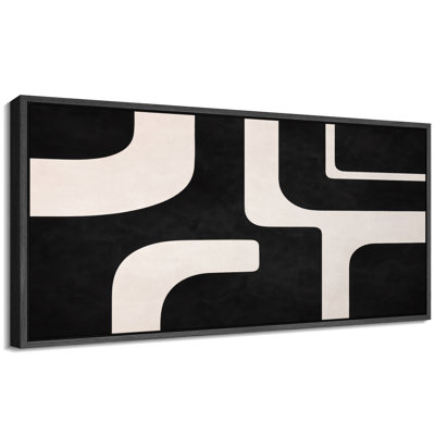 Abstract Black White Bold Geometric Path Pattern Artwork, Modern Living Room Pictures, Framed Canvas Giclee Print Wall Art