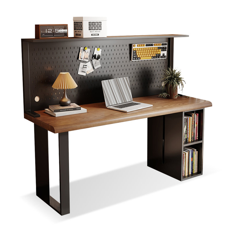 Bureau rectangulaire brun et noir en bois massif, 29.53" H x 55.12" W x 23.62" D