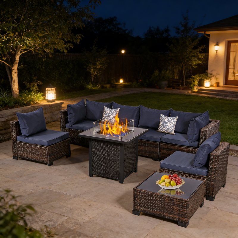 8 Piece Patio Conversation Sets With Fire Pit Table, Brown,  Navy