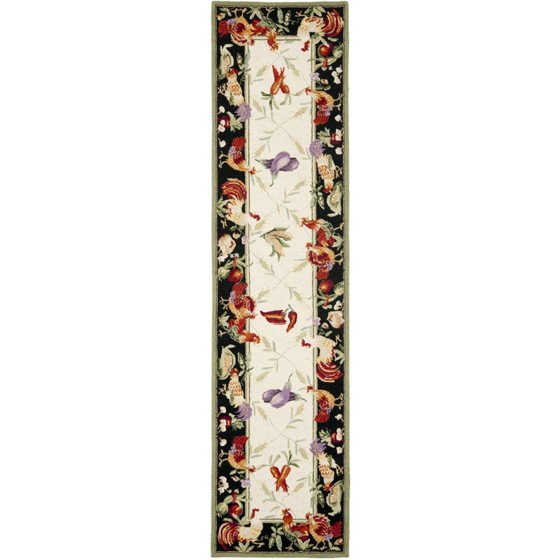 Hollander Oriental Handmade Hooked Wool Black Area Rug, Runner 2'6" x 12'