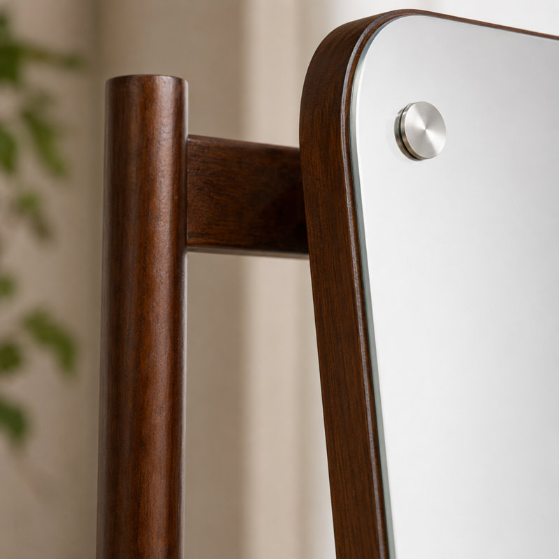 Miroir autoportant pivotant sur 360 degrés en bois d'hévéa noyer avec portemanteau pour chambre à coucher
