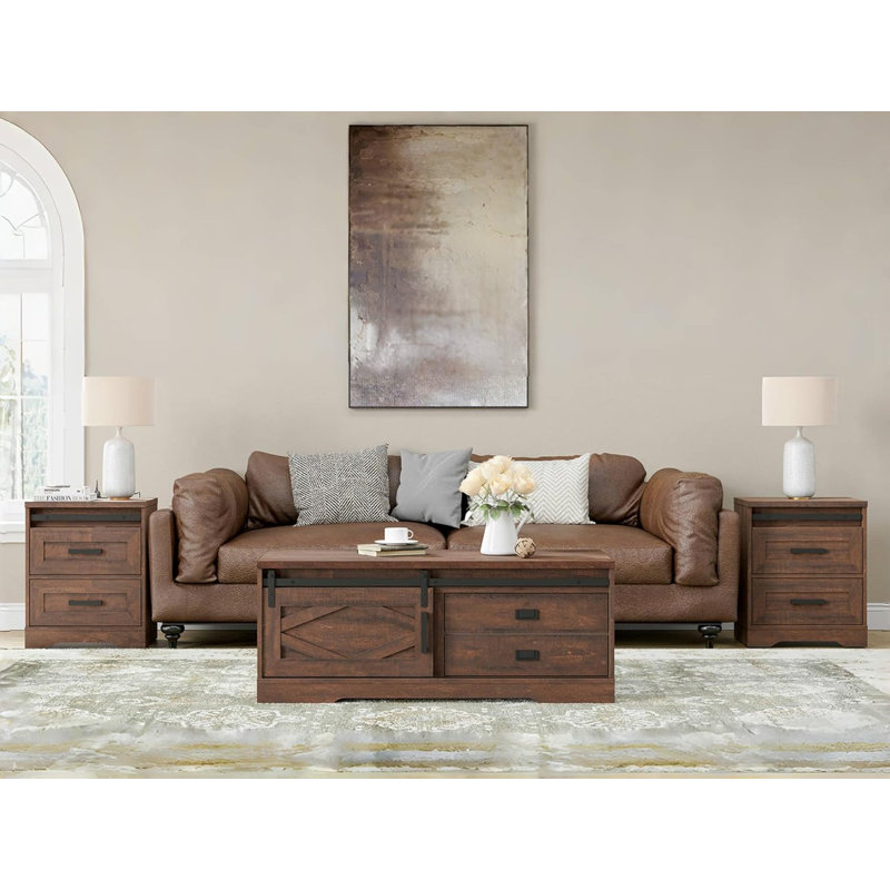 Laziza Rectangular Coffee Table And 2 Pack End Table With Charging Station Side Sofa Table, Dark Brown/Dark Brown