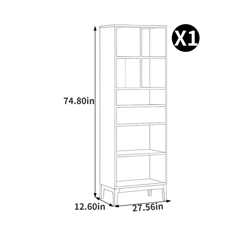 Bibliothèque en bois massif de style italien, (5 tablettes) H 74,8 po x l 27,56 po x P 12,6 po